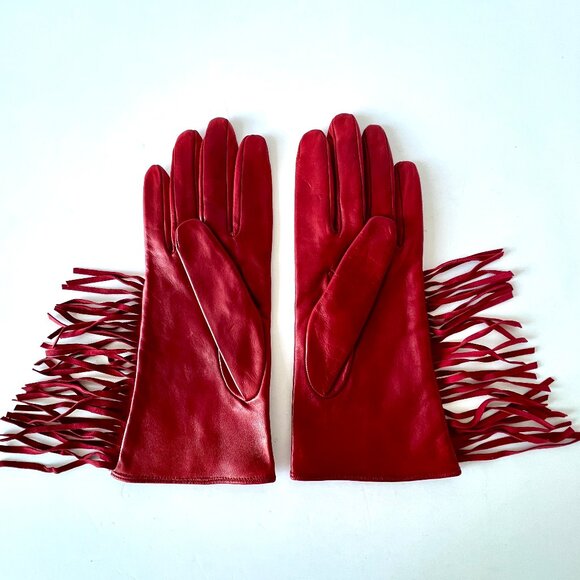 Neiman Marcus Red Leather Italian Gloves with Fringe, Size 7 1/2, Silk Lining EC - Picture 3 of 12